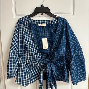 NWT Tory Burch Blue and White Plaid Silk Wrap Top